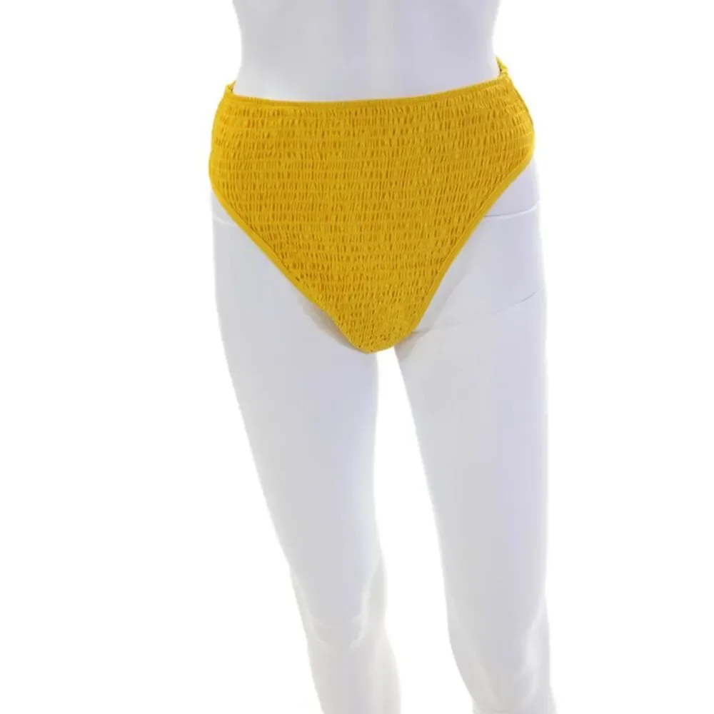 L Space Womens Smocked High Waisted Swimwear Bikini Bottoms Yellow Size L